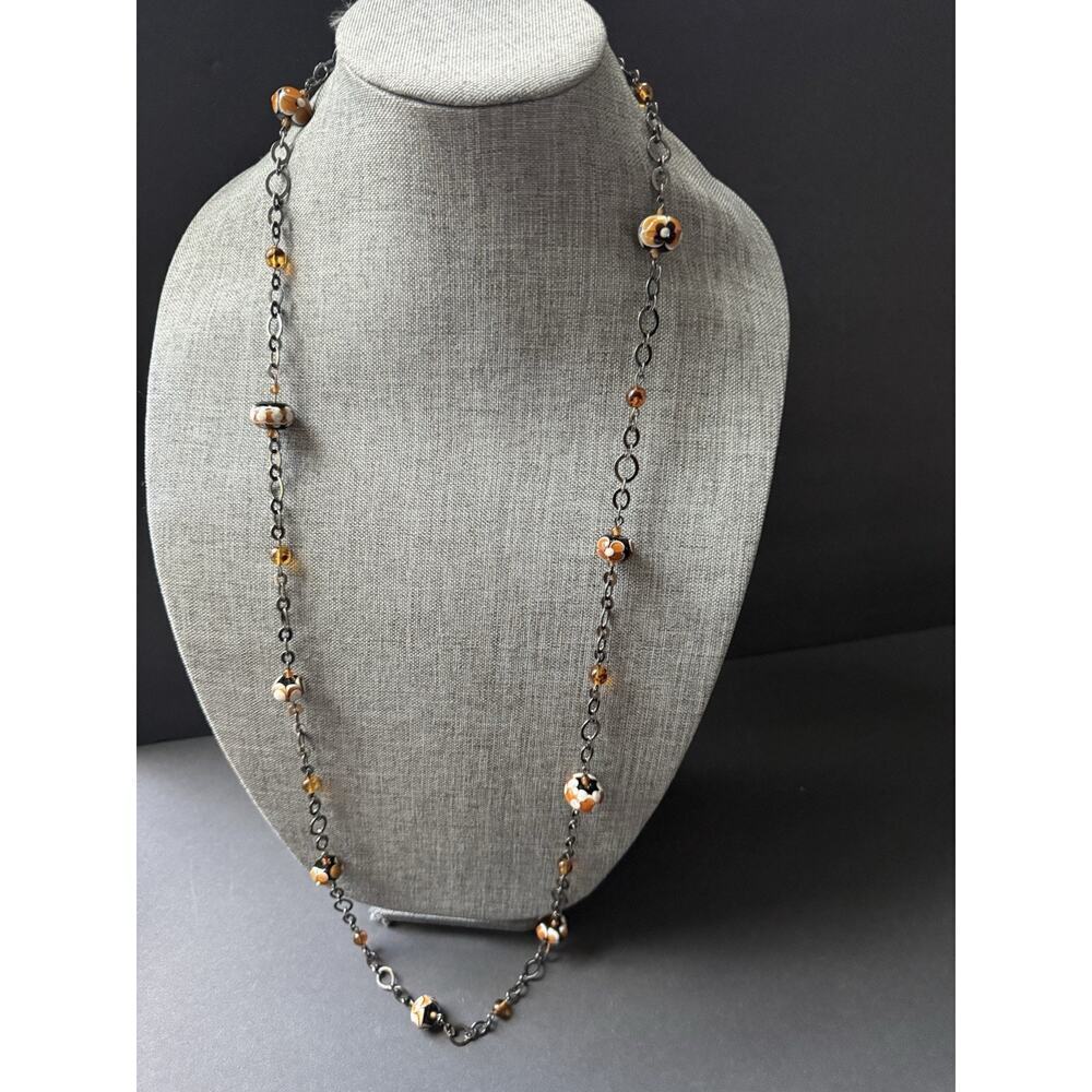 Womens Glass Troll Bead Necklace Art Glass Chain Link Boho Layered Festival